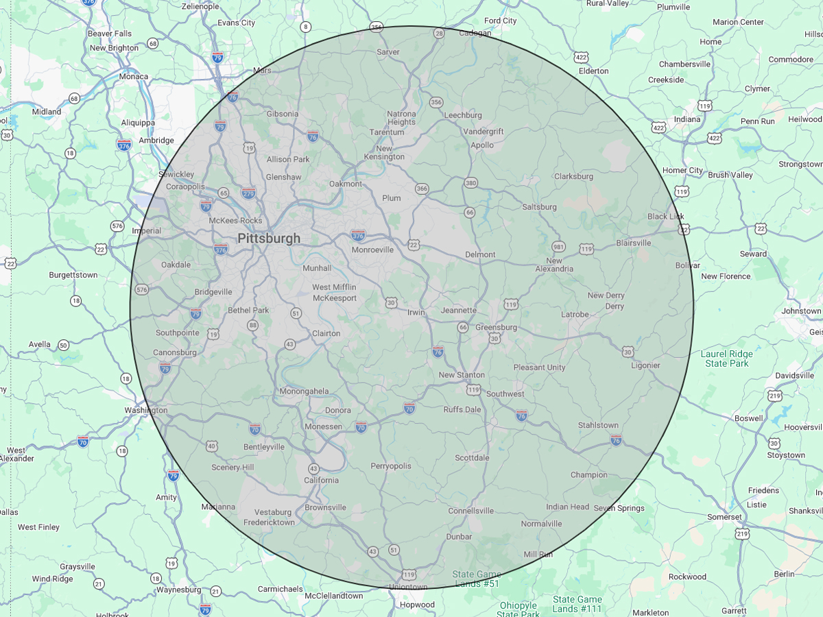 Service area map showing home inspection coverage across Pittsburgh, Irwin, Monroeville, and Greensburg, Pennsylvania